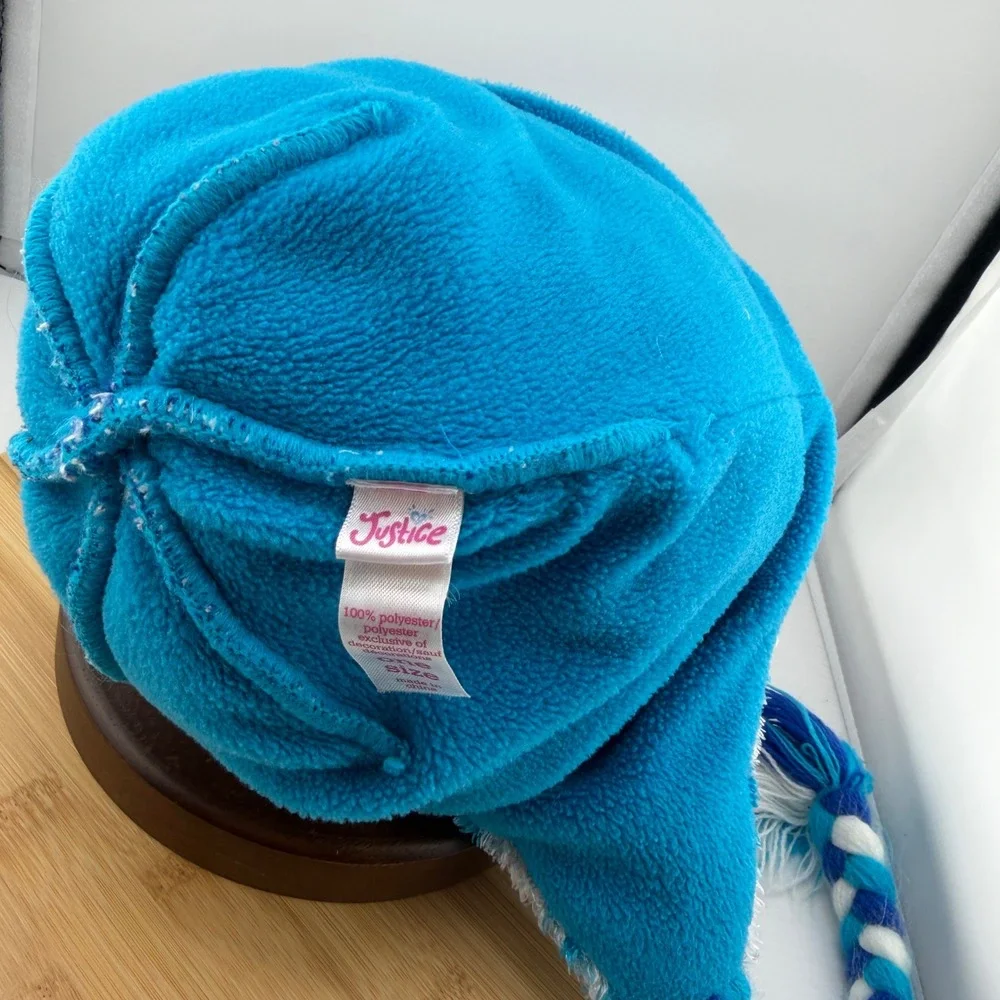 Justice Girls Blue Leopard Print Fuzzy Popcorn Knit Trapper Hat Fleece Lined OS